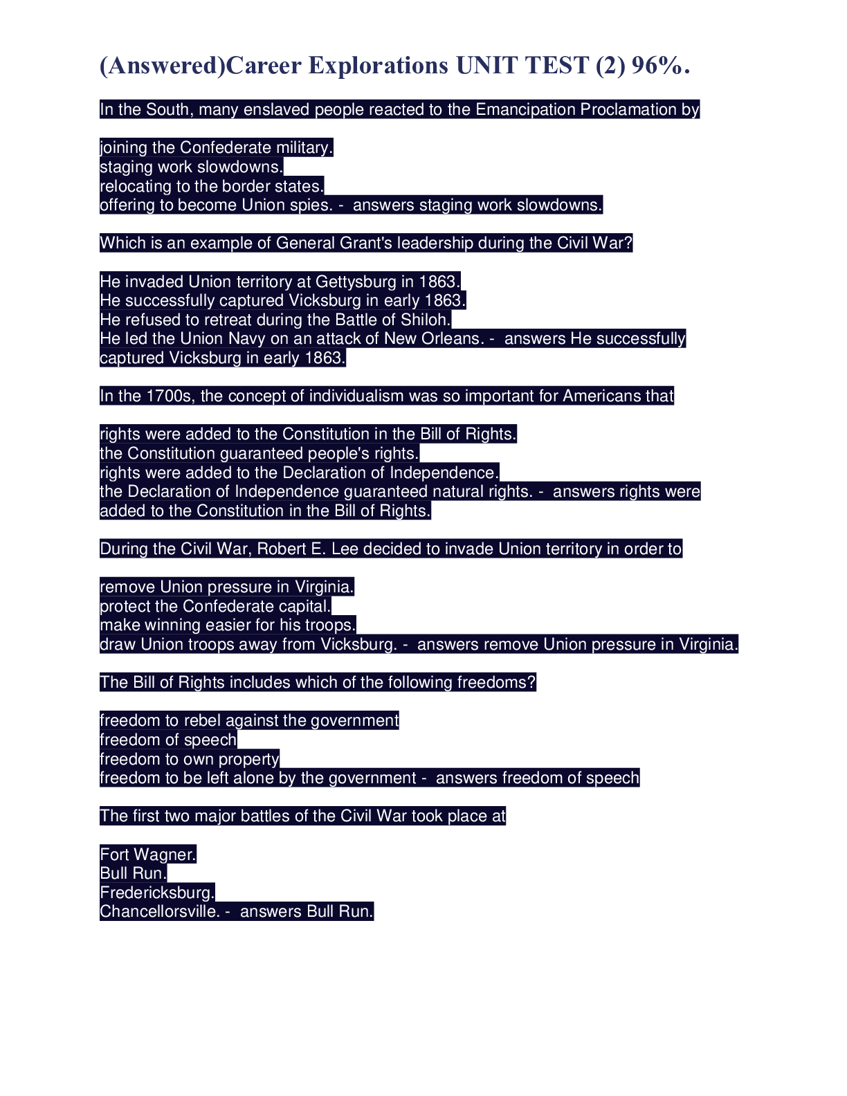 Preview image for (Answered)Career Explorations UNIT TEST (2) 96%.